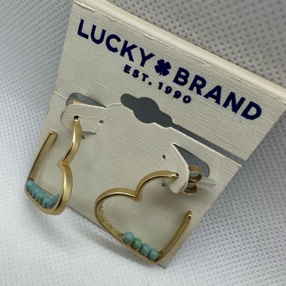 LUCKY BRAND Gold-Tone Stone Beaded Heart Hoop Earrings NWT - Picture 4 of 7